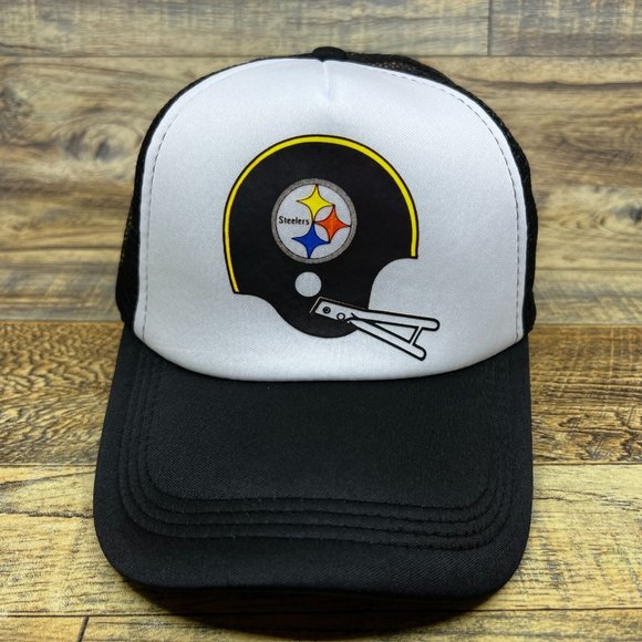 Pittsburg Steelers Mens Trucker Hat Black Snapback Retro 80s Logo Football Cap - Picture 2 of 8